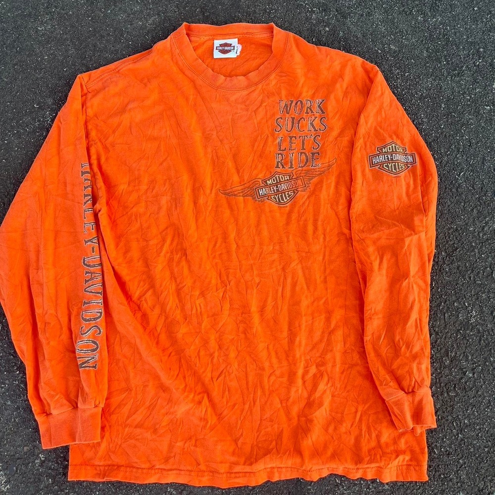 Y2K graphic Harley Davidson orange long sleeve Shirt Size M